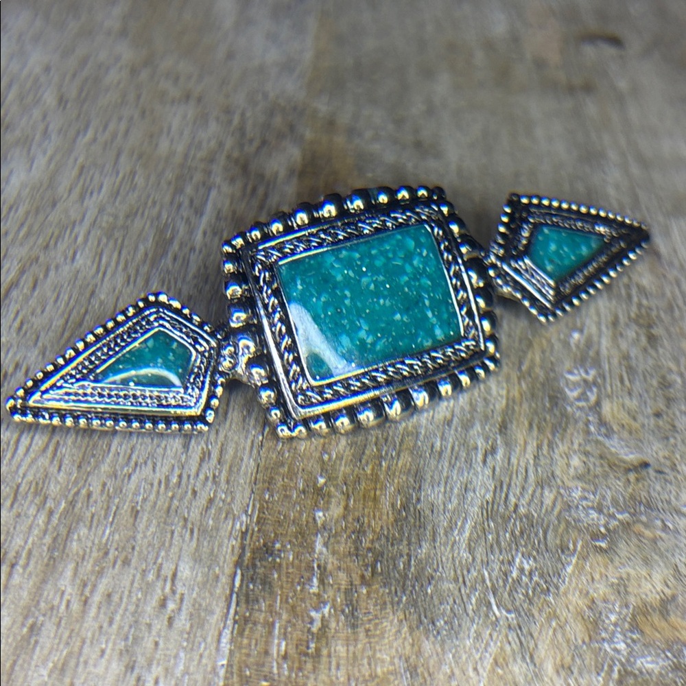 Ornate Silver And Sparkle, Turquoise Inlay Bar Style Brooch